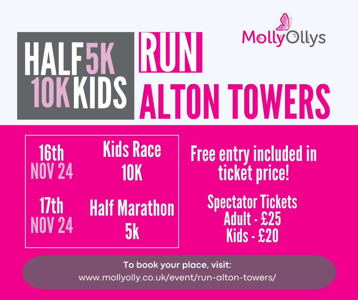 Join us at Alton Towers for the ultimate race weekend on the 16th-17th November 24! Take part in the 5k, 10k, Half Marathon or Kids' dash. Ticket includes FREE theme park entry!
There are a limited number of FREE places, so BOOK NOW at
mollyolly.co.uk/event/run-alto…