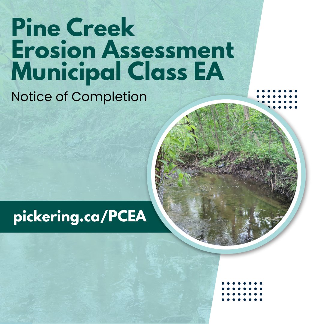 The City has completed the Pine Creek Erosion Municipal Class Environmental Assessment Study to identify erosion-related risks within the study area, and to develop a list of high priority sites in need of rehabilitation. Visit pickering.ca/PCEA to learn more.