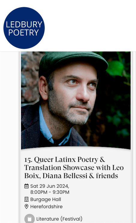 This will be 🔥🔥🔥 Come to celebrate the @PoetryTranslate’s 20th birthday with a multilingual evening of queer Latinx poetry and translation at @LedburyPoetry Festival. I'll be reading with Diana Bellessi, Paula Galindez, Osvaldo Bossi and Jon Herring🌈 ledburypoetry.org.uk/home/whats-on/