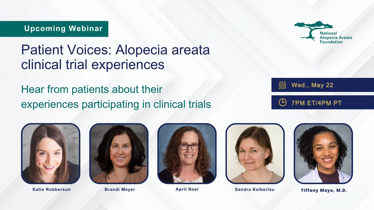 Join us for a free webinar with people who have participated in #AlopeciaAreata #ClinicalTrials and their journey. May 22 @ 7PM ET/4PM PT Learn more here: us02web.zoom.us/webinar/regist…