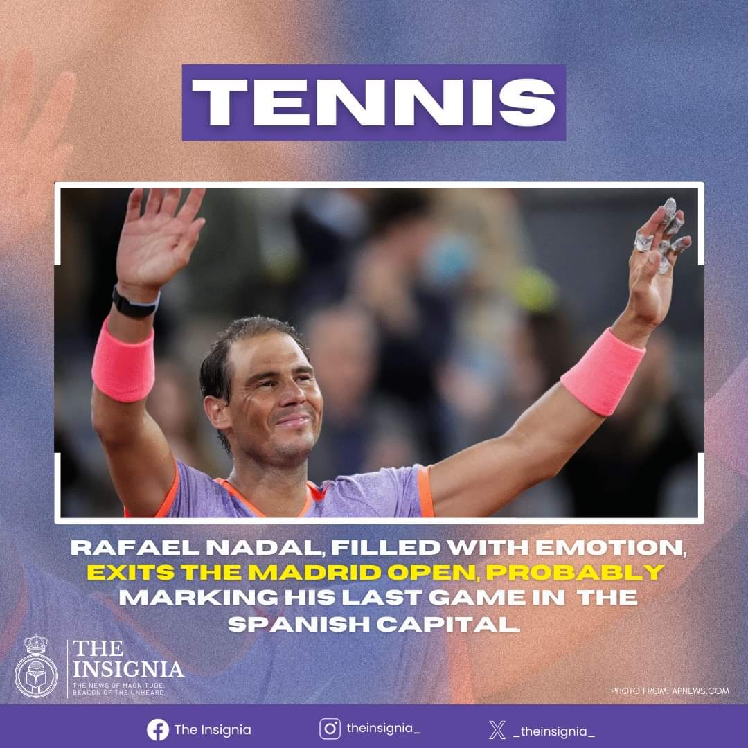 _theinsignia_'s tweet photo. Rafael Nadal, filled with emotion, exits the Madrid Open, probably marking his last game in the Spanish capital

Prior to the tournament, Nadal expressed his determination to participate in Madrid. 
 https://t.co/OtEPevFaDI

Written by: Laquisha Padillo
Layout by: Ethan Malilay https://t.co/PoU8tTxIBG
