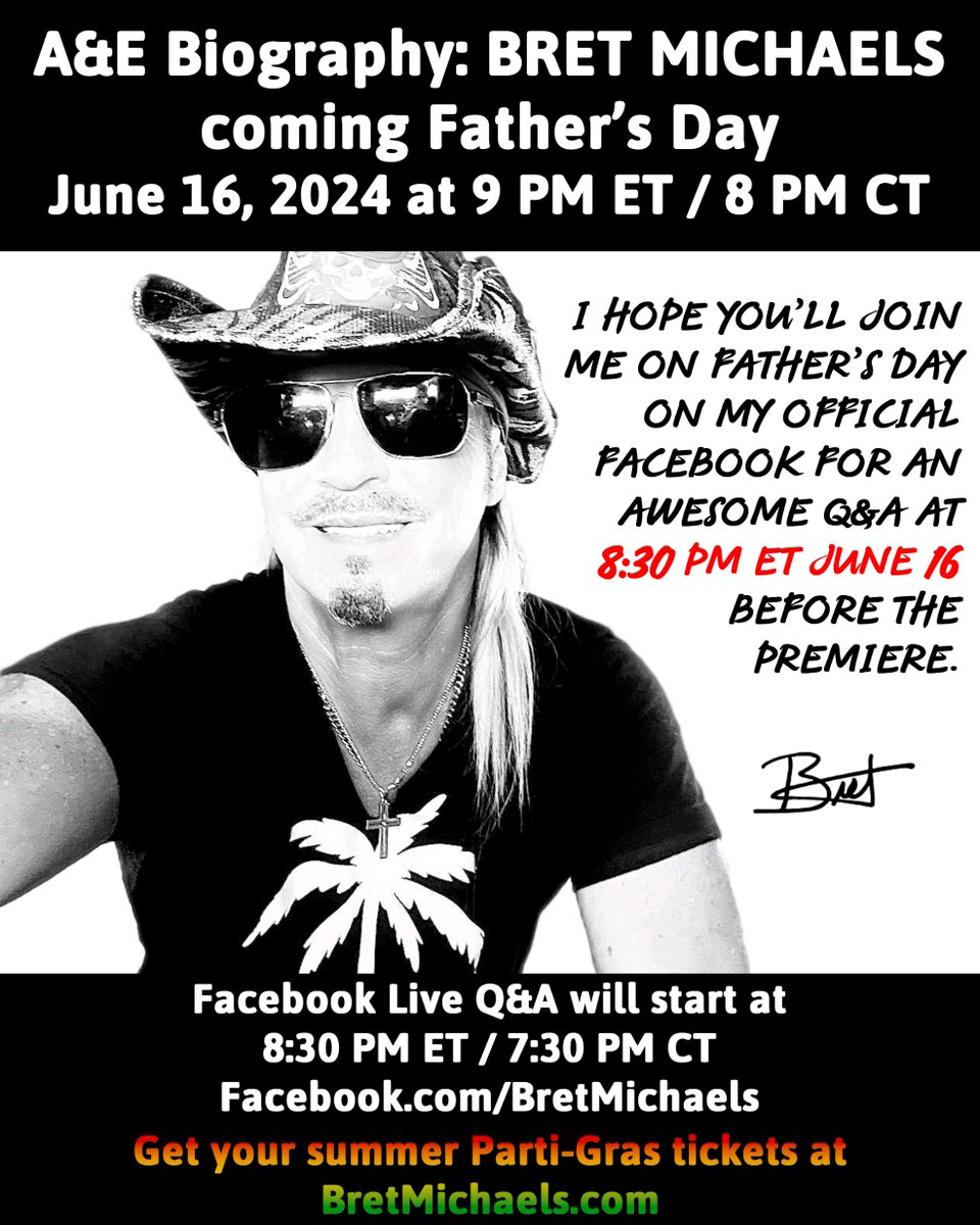 We're just a few weeks away from the world premiere of the Bret Michaels @AETV Biography - coming on Father's Day, June 16 📺 Mark your calendar & set your DVR for this deep dive with never-before-heard stories!🤘