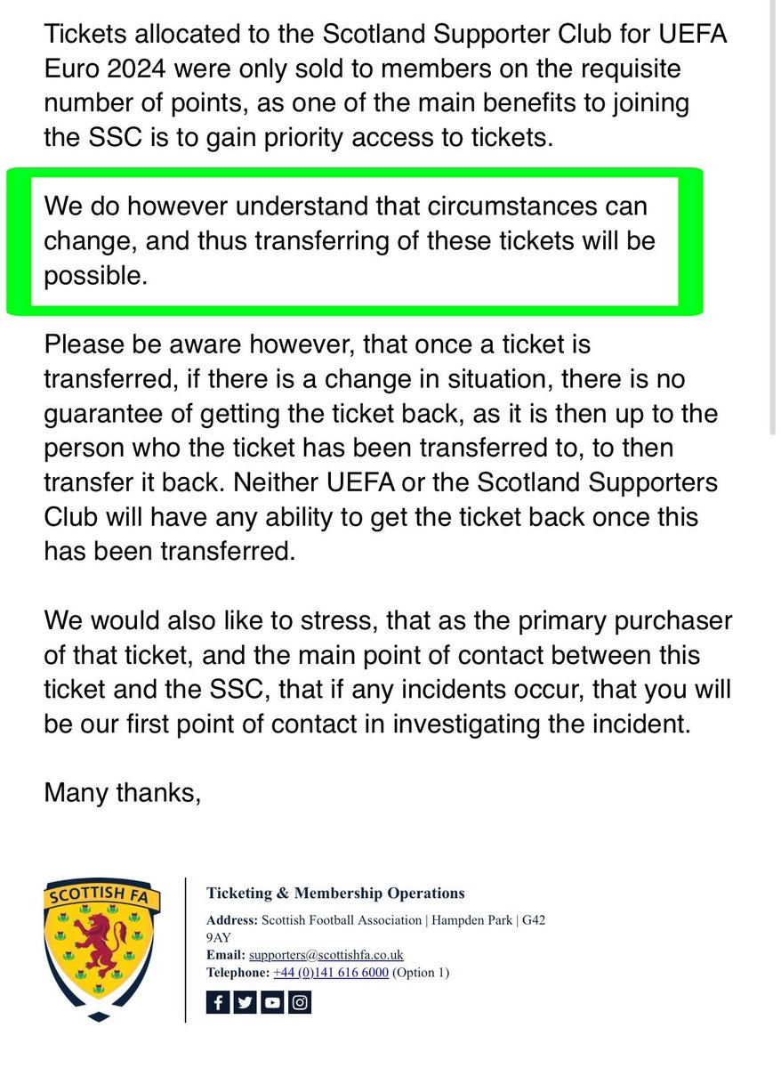 🏴󠁧󠁢󠁳󠁣󠁴󠁿🎟️ SSC Euro 2024 tickets ARE transferable, the same as all tickets bought through the UEFA general public ballots 📩 When you receive ticket on your UEFA tickets app you will have 'transfer' or 'keep' option 🧵 UEFA Ticket app information thread: x.com/scotlandscoeff…