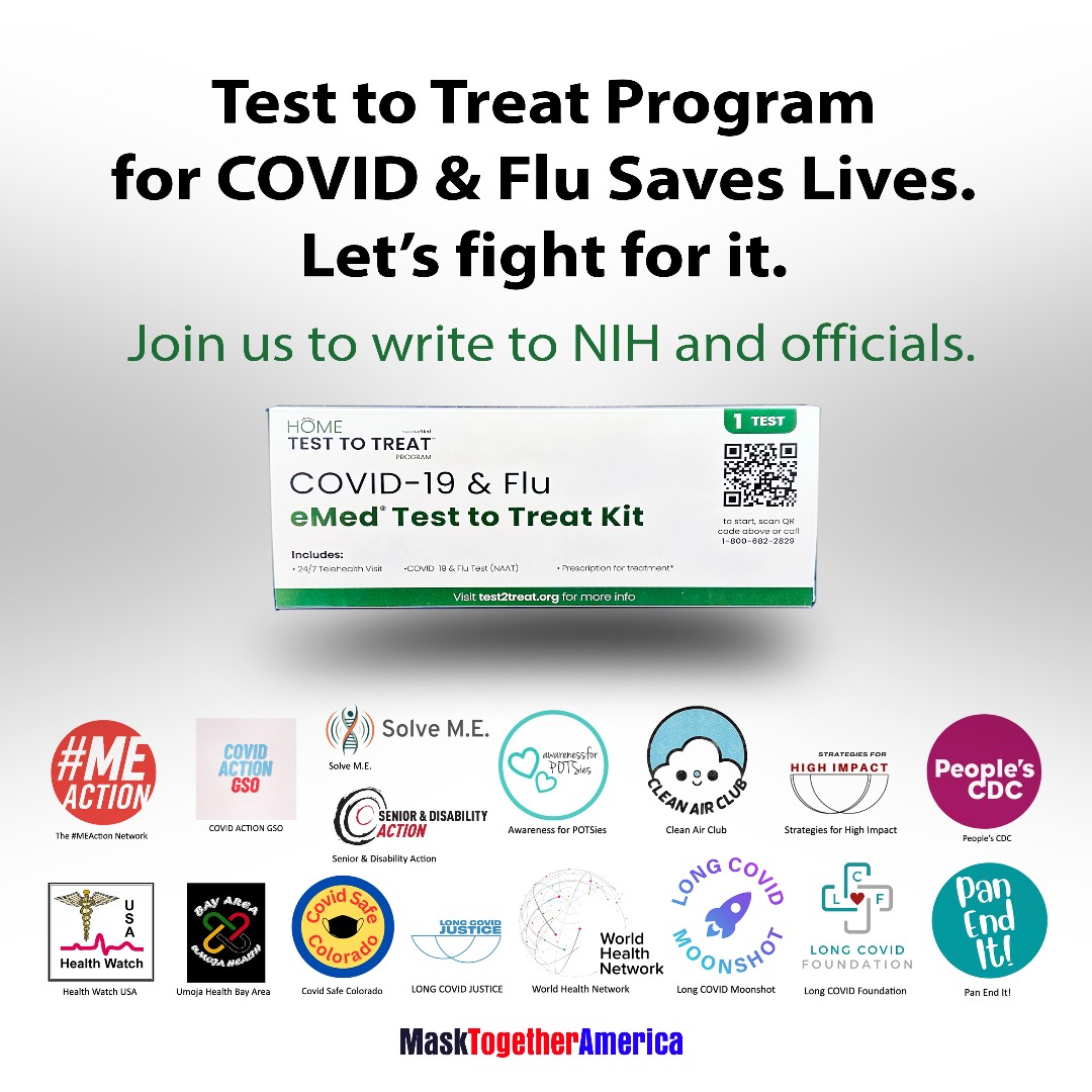 Home #Test2Treat aimed to reduce disparities for most at-risk people, with FREE tests, telehealth & treatment for COVID & flu. But it just ended! Sign a letter to NIH: bit.ly/4bwHhnO White House & representatives: bit.ly/3TX5gGM #pwME #MECFS #LongCovid