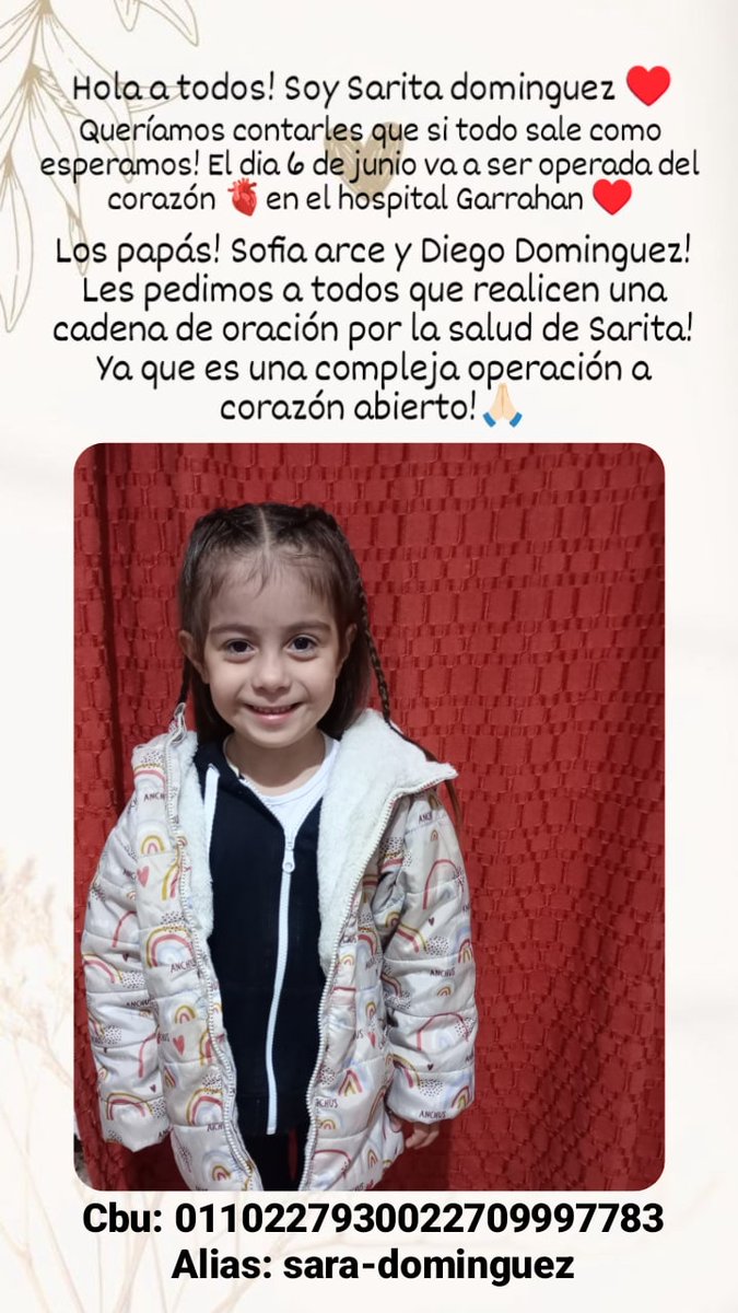 sofiaarce235's tweet photo. Ella es mi hija! Sarita 
Para solventar gastos! Que son muchos! Dejamos nuestro alias para el que pueda colaborar. 
También nos ayudan mucho compartiendo 🙏🏻❤️‍🩹 gracias 🙏🏻 https://t.co/6lnkv9CEqV