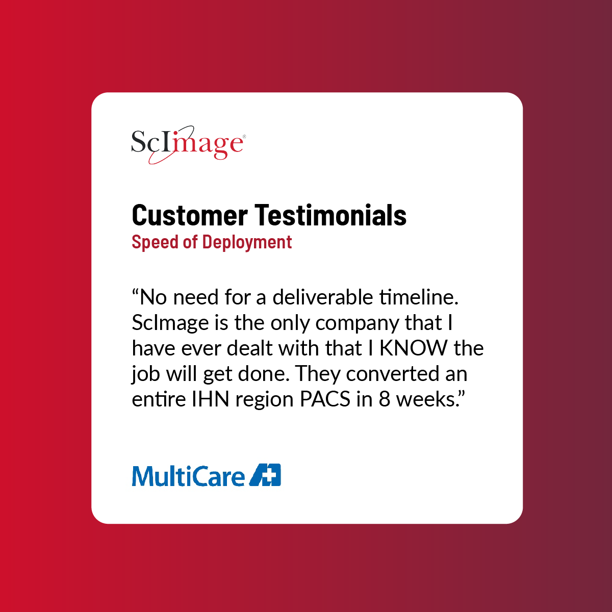 ScImageInc's tweet image. PICOM365 Cloud allows anything from practices to major IHN’s to deploy full CVIS in a matter of weeks.

Check out this #CustomerTestimonial from #MultiCare. 👇