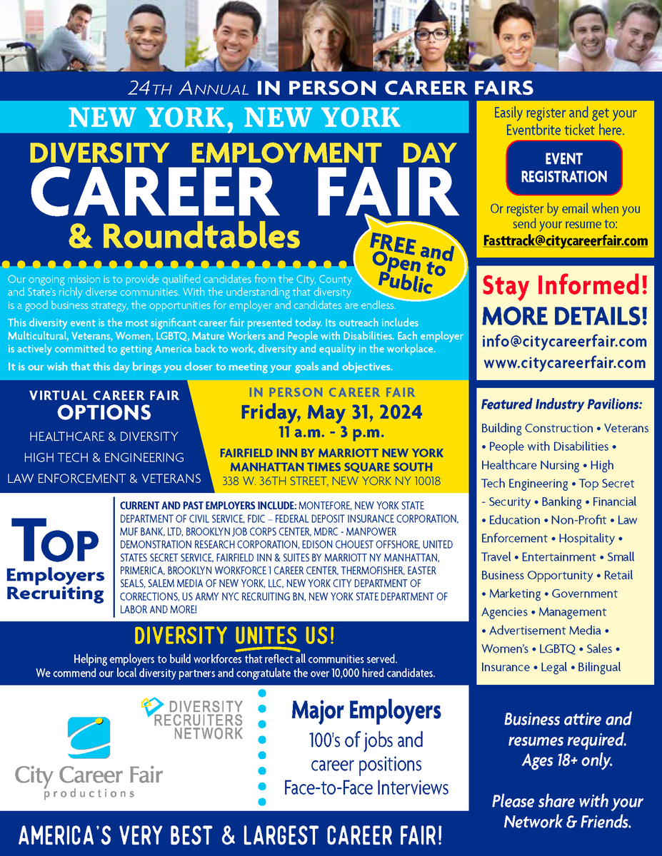 Hey New York City! Say hello to #TeamCivilService at the Diversity Employment Day Career Fair next week! 📅 May 31, 11am - 3pm 📍 Fairfield Inn & Suites New York Manhattan 🔗 cs.ny.gov/scheduler/view… #CareerFair #jobFair #NYSJobs