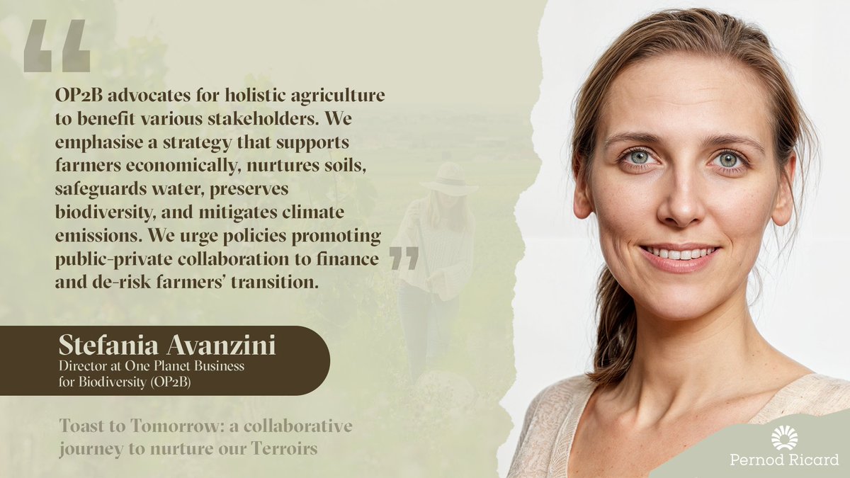 Pernod Ricard EU Dialogue (@pernod_ricardeu) on Twitter photo 🌿 <a href="/OP2B_OnePlanet/">OP2B - One Planet Business for Biodiversity</a> champions holistic and #RegenerativeAgriculture for all.
Hear Stefania Avanzini at #ToastToTomorrow discuss strategies to support farmers, nurture soils, & safeguard water.
Discover how policy can drive this crucial change 🌍
#SustainableTerroirs 🌿 <a href="/OP2B_OnePlanet/">OP2B - One Planet Business for Biodiversity</a> champions holistic and #RegenerativeAgriculture for all.
Hear Stefania Avanzini at #ToastToTomorrow discuss strategies to support farmers, nurture soils, & safeguard water.
Discover how policy can drive this crucial change 🌍
#SustainableTerroirs