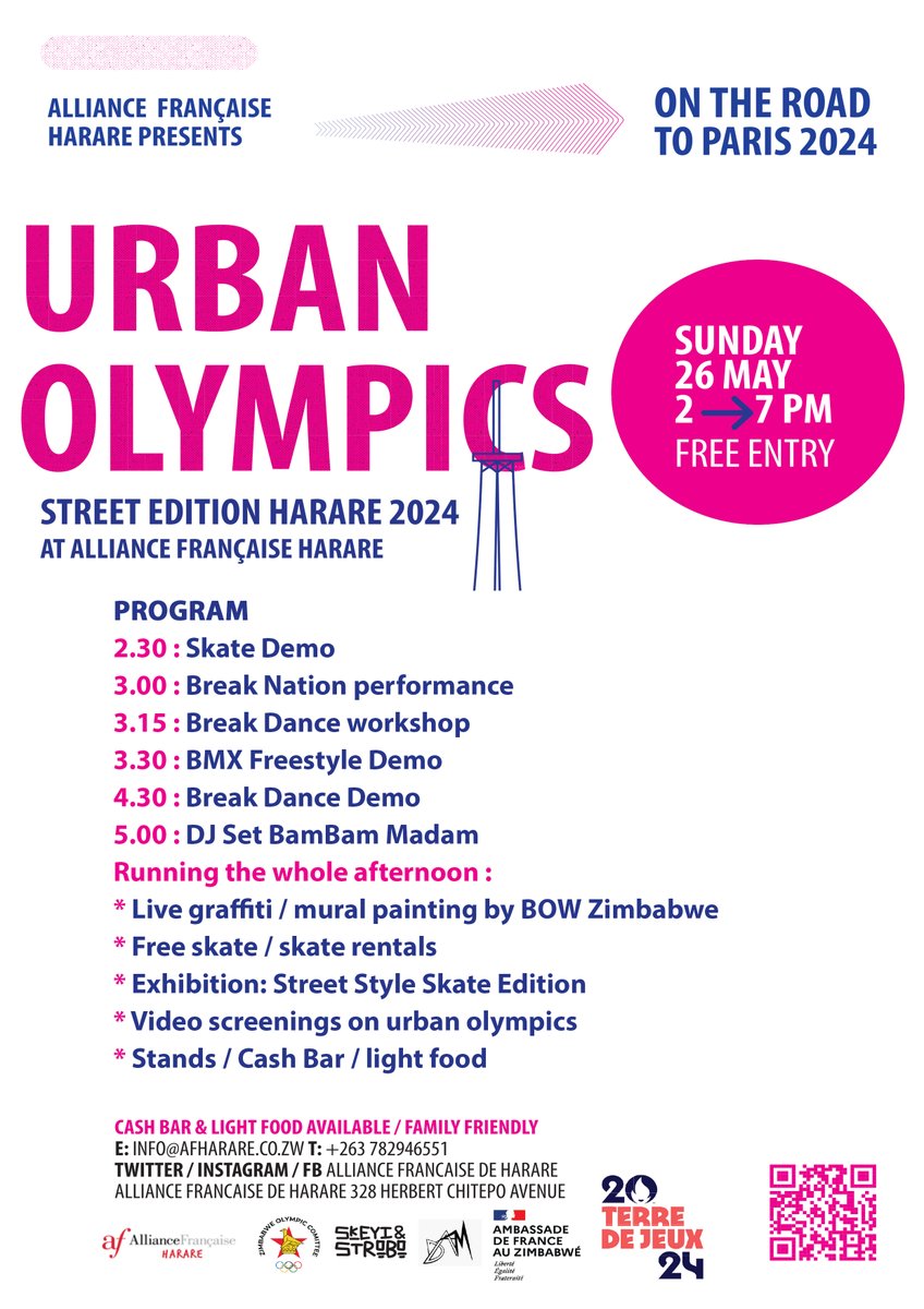 Check out how the day will go down on Sunday 26 May at Alliance Francaise de Harare🚴‍♂️🛹!

This FREE, family-friendly event is all about celebrating urban culture. Come and witness the awesomeness of murals painting, break dancing, BMX Freestyle, and skating. #OnTheRoadToParis2024