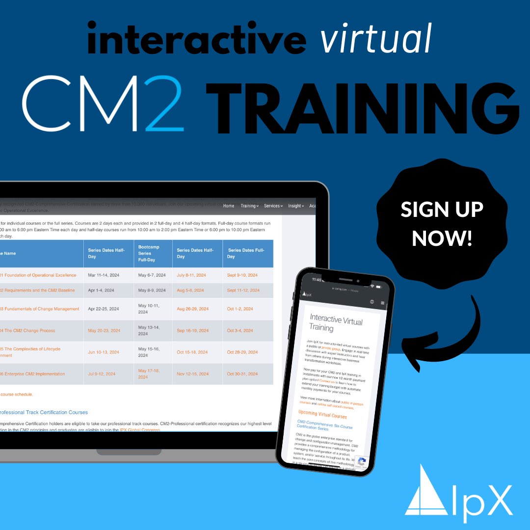 ipxhq's tweet image. Did you miss our bootcamp? Here’s another opportunity to participate in our interactive virtual training to get your CM2-P starting with CM2-07 on July 30! Sign up here: ipxhq.com/reg-course/vir…

#cm2 #plm #ConfigurationManagement #ChangeManagement #DigitalTransformation