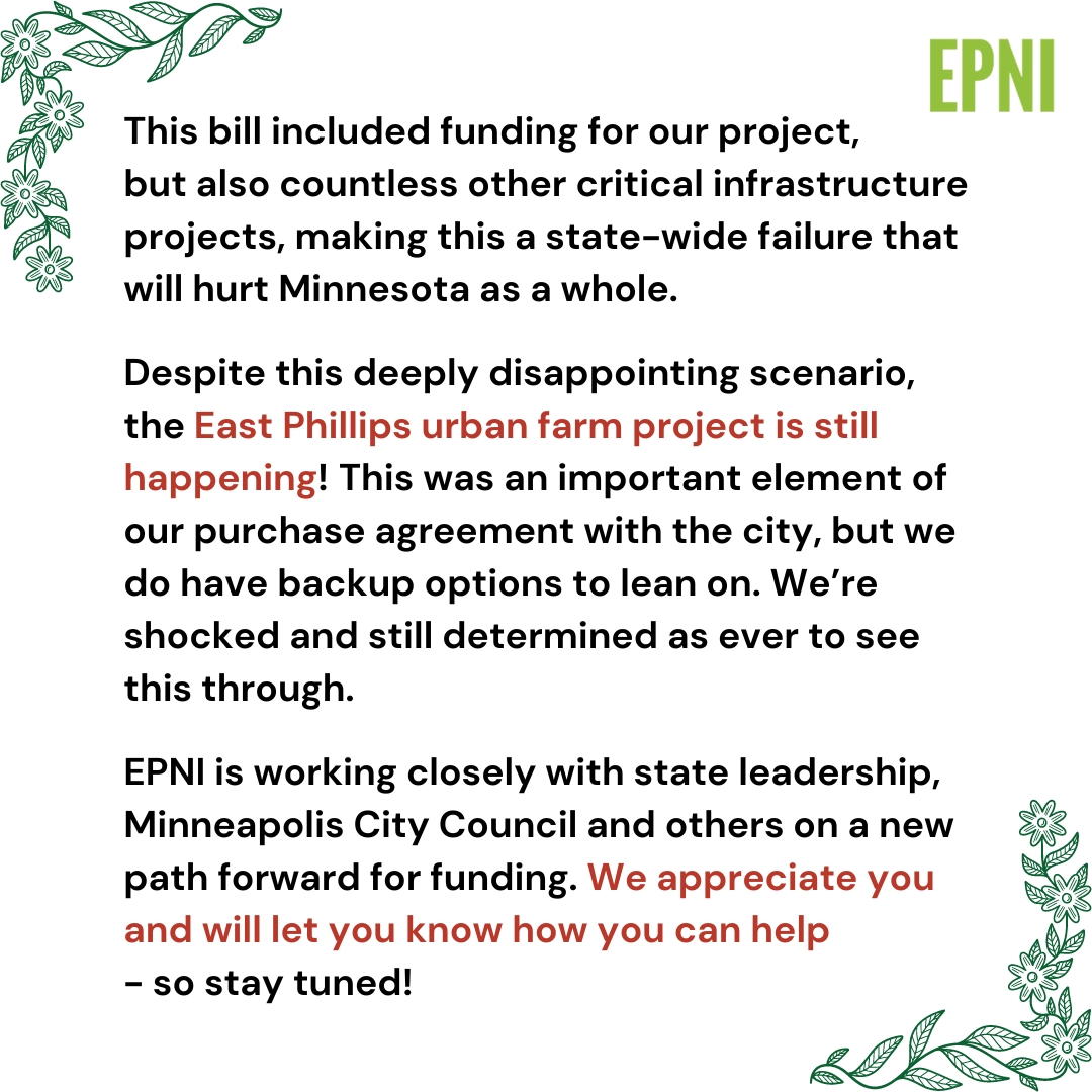 An update on our state funding and alternative options:
EPNI is working closely with state leadership, City Council and others to figure out the new path forward for funding the relocation of the city's maintenance facility. We will let you know how you can help - so stay tuned!