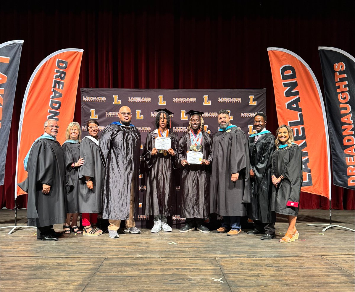 Two Lakeland High seniors -- Sytrevion Dyer and Micheal Walker -- missed their graduation on Friday while competing in the state track championships in Jacksonville. So yesterday, LHS administrators gathered with the boys' friends and family for a mini-ceremony on campus! 🏃‍♂️🎓