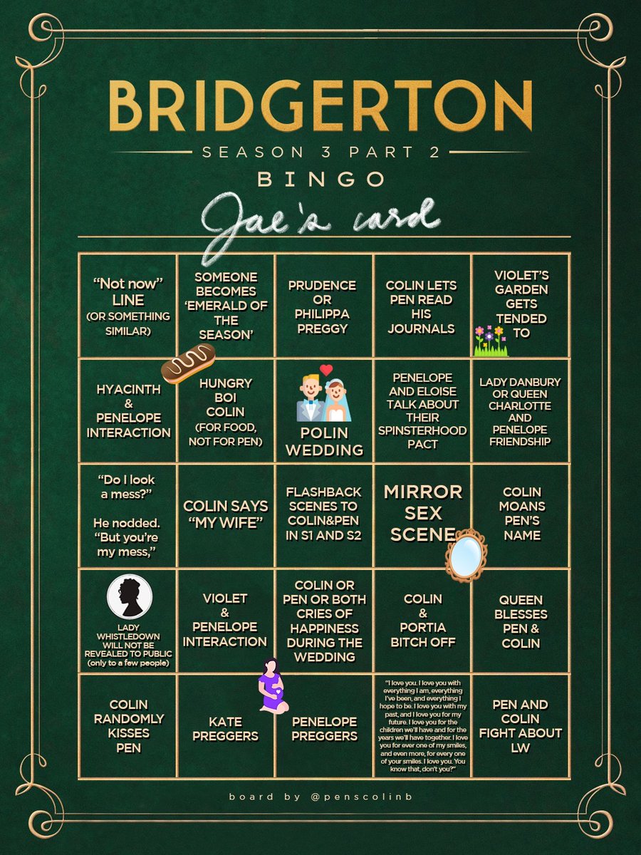 I made a BRIDGERTON S3PT2 BINGO CARD! Some of these are guaranteed but some are not. My fingers are crossed!! 🤞 *blank bingo card is in the replies!