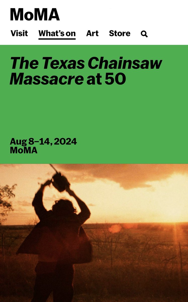 In celebration of the 50th anniversary of The Texas Chainsaw Massacre, MoMA presents the restored film in a special weeklong run. The Texas Chainsaw Massacre was honored by MoMA at the time of its release in 1974 when it entered the Museum’s collection. @MuseumModernArt
