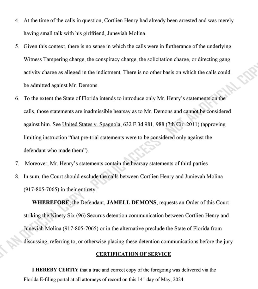 #YNWTrial: Update in @YNWMelly/ @YnwBortlen/ Terrence Mathis Witness Tampering Case: YNW Melly and his attorney, Raven Liberty, filed a Motion In Limine To Exclude Irrelevant and Immaterial Telephone Conversations Between Corrtn Henry (YNW Bortlen) and Junevish Molina (#7065)
