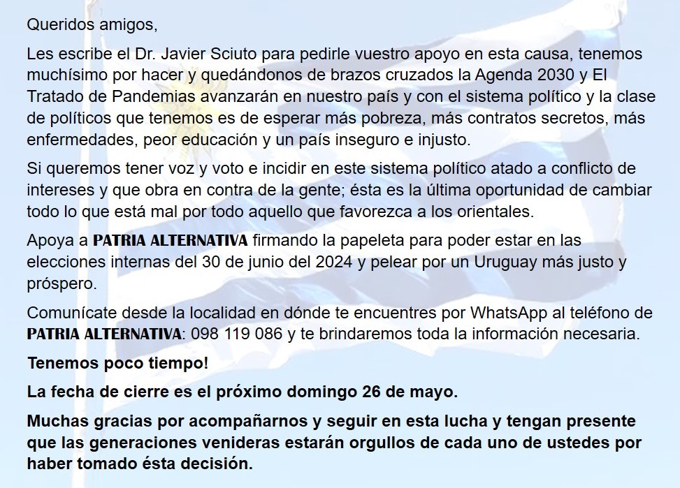 Es ahora o nunca. Si queremos cambiar y luchar por nuestros hijos es necesario el compromiso, de otra forma solo resta lamentar, maldecir y reclamar. Firma la papeleta y ayúdanos para que PATRIA ALTERNATIVA sea el canal de representatividad que todos queremos. 098 119 096