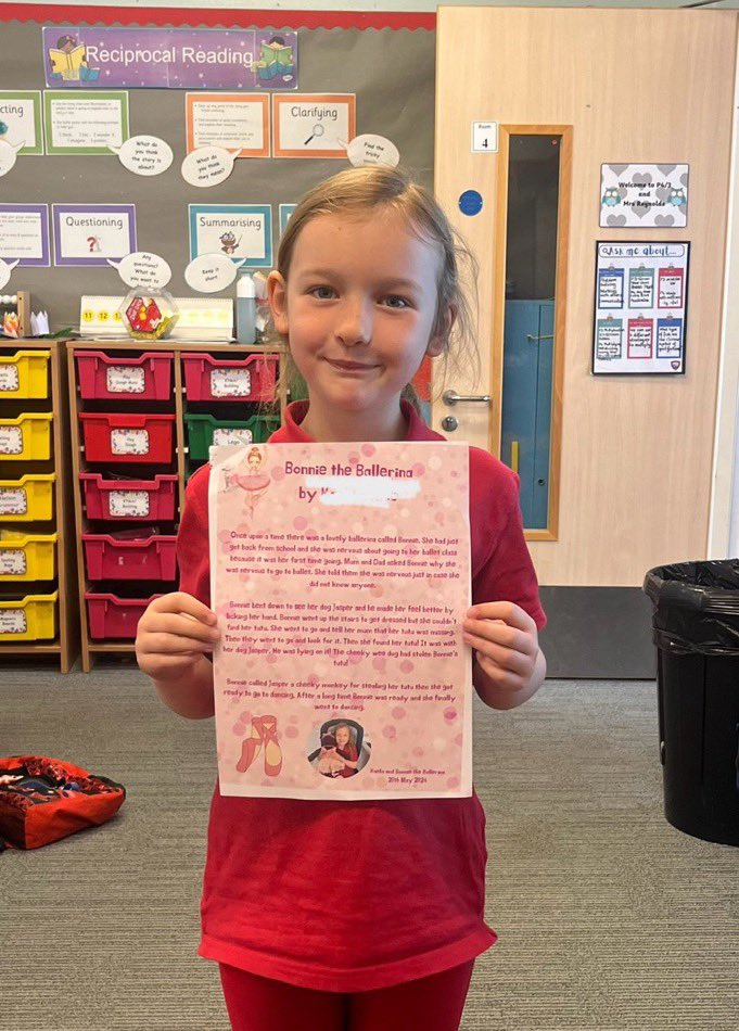 Well done to this lovely girl for her hard work writing a story in her own time and sharing it with the class, and what a lovely story it was 🩰