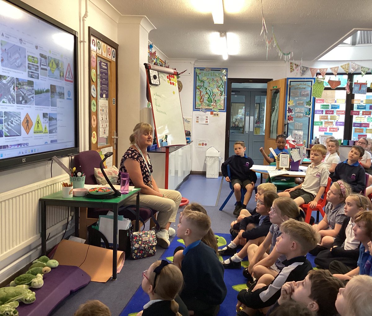 This morning, we had a visitor in to talk to us about Road Safety. We’ve had reminders about crossing the road, wearing seatbelts in our cars and wearing bike helmets on our bikes and scooters.