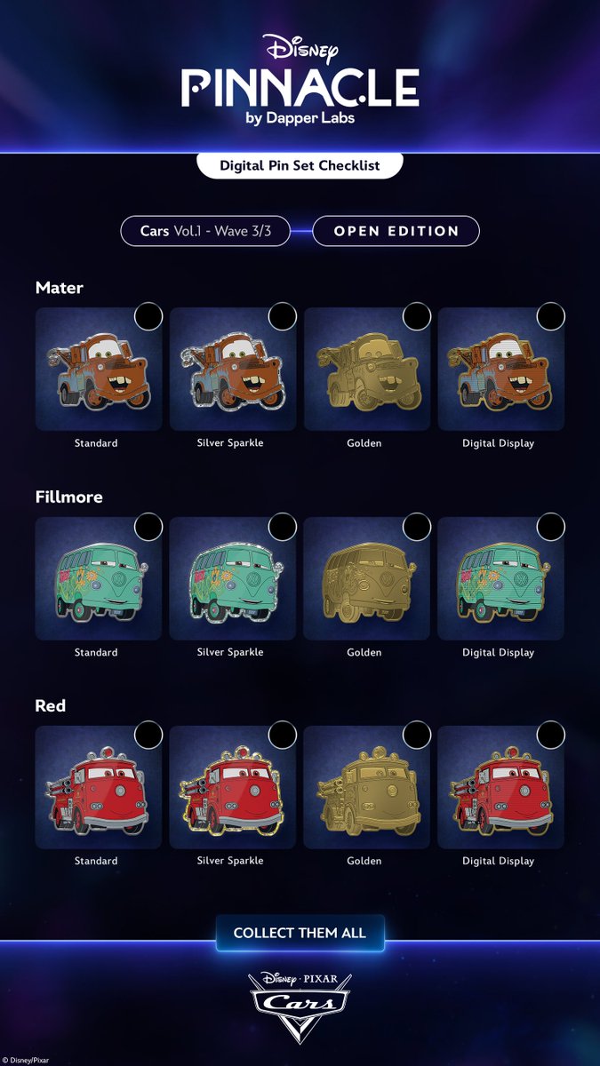 DisneyPinnacle's tweet photo. ✍🏻Now you can track your progress as you collect each digital pin in the Disney Pixar Cars Vol. 1 set!
1. Download this image⬇️
2. Mark each checkbox as you collect each digital pin variant✅
3. Show off your progress by sharing on your socials with #DigitalPinSet🎉 https://t.co/Dld6u2SVli