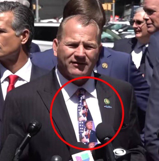 Oh you know just a sitting member of Congress @RepTroyNehls taking time to fly out to NYC to kiss Trump’s ass while wearing a tie with Trump hugging the flag….totally normal stuff and definitely not a cult