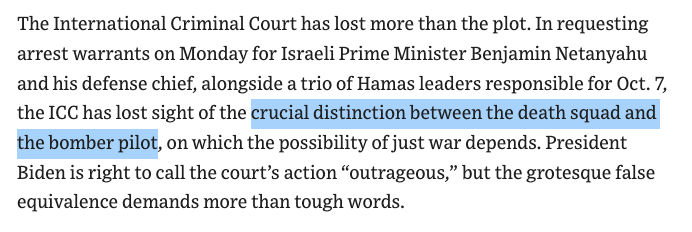 Plenty of distortions in this @WSJ op-ed, but worth noting in particular that the law of war does in fact apply both to 'the death squad and the bomber pilot.' That's not equivalency, but application of the law to all parties to a conflict. wsj.com/articles/inter…