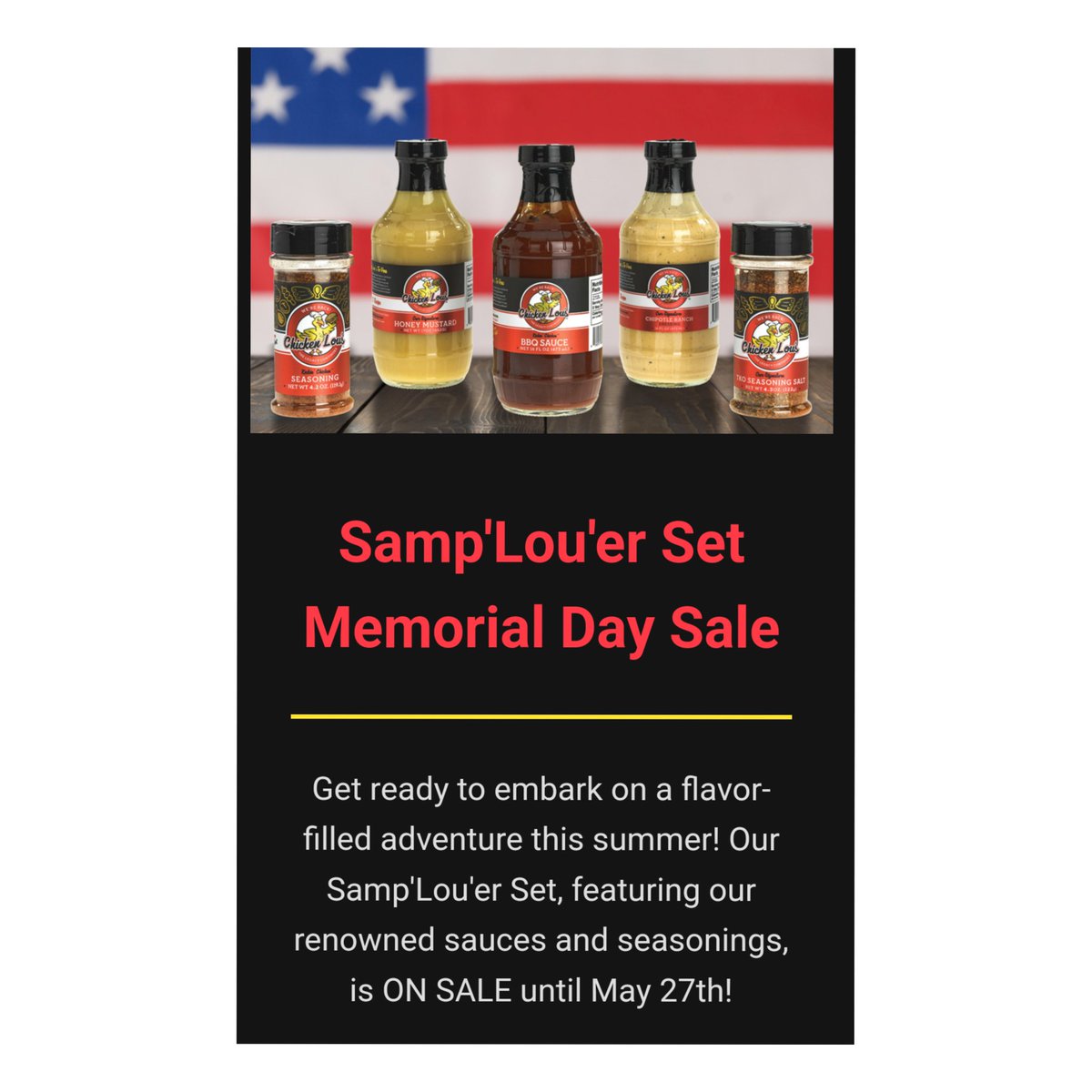 chickenlous's tweet image. Just in time for #memorialdayweekend 

Our samp&apos;lou&apos;er set has something for everyone

Shop here 👇 

chickenlous.com/samplouer-set/

#specialtyfood #sampleset #sale #memorialdaysale #grill #grillandchill #bbq #sides #chicken #beef #pork #veggies #dressing #dip #marinade #seasoning