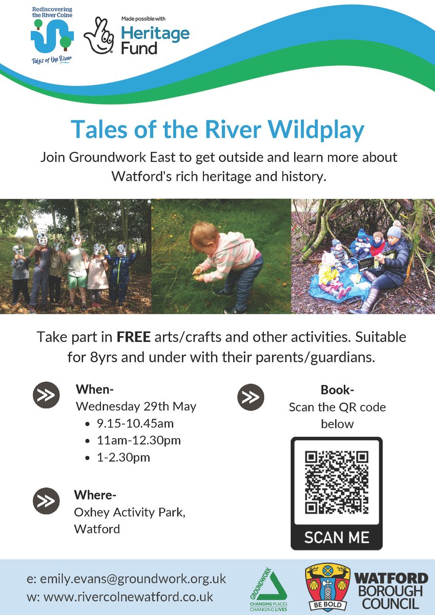 📢There are still spaces left for Wildplay this May half-term! 🌞

Join Groundwork East to get outside and learn more about Watford's rich heritage and history.

Book via Eventbrite: bit.ly/4bmHnie 

@WatfordCouncil @HeritageFundUK