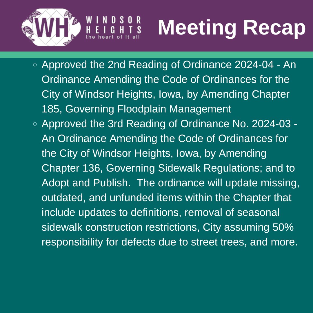 Here is a brief highlight of the May 20 City Council meeting. The recap is not minutes of the meeting. Minutes are considered and approved at the subsequent meeting. A recording of the meeting is at youtube.com/@windsorheight…. View the passed ordinance at ow.ly/NPGu50RPkx3