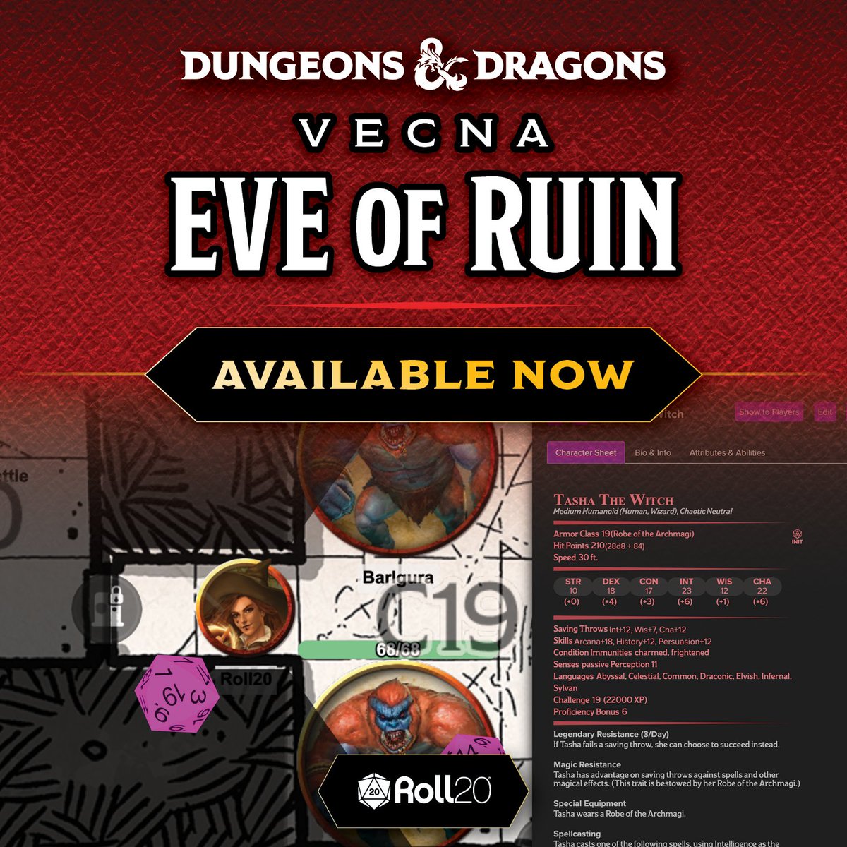 D&D's Vecna: Eve of Ruin is LIVE NOW! The Roll20 edition provides everything you need to play online: a digital rulebook, official character sheets, 30 dynamically-lit maps, premade macros, 400+ tokens, and more. hubs.li/Q02x-T_-0