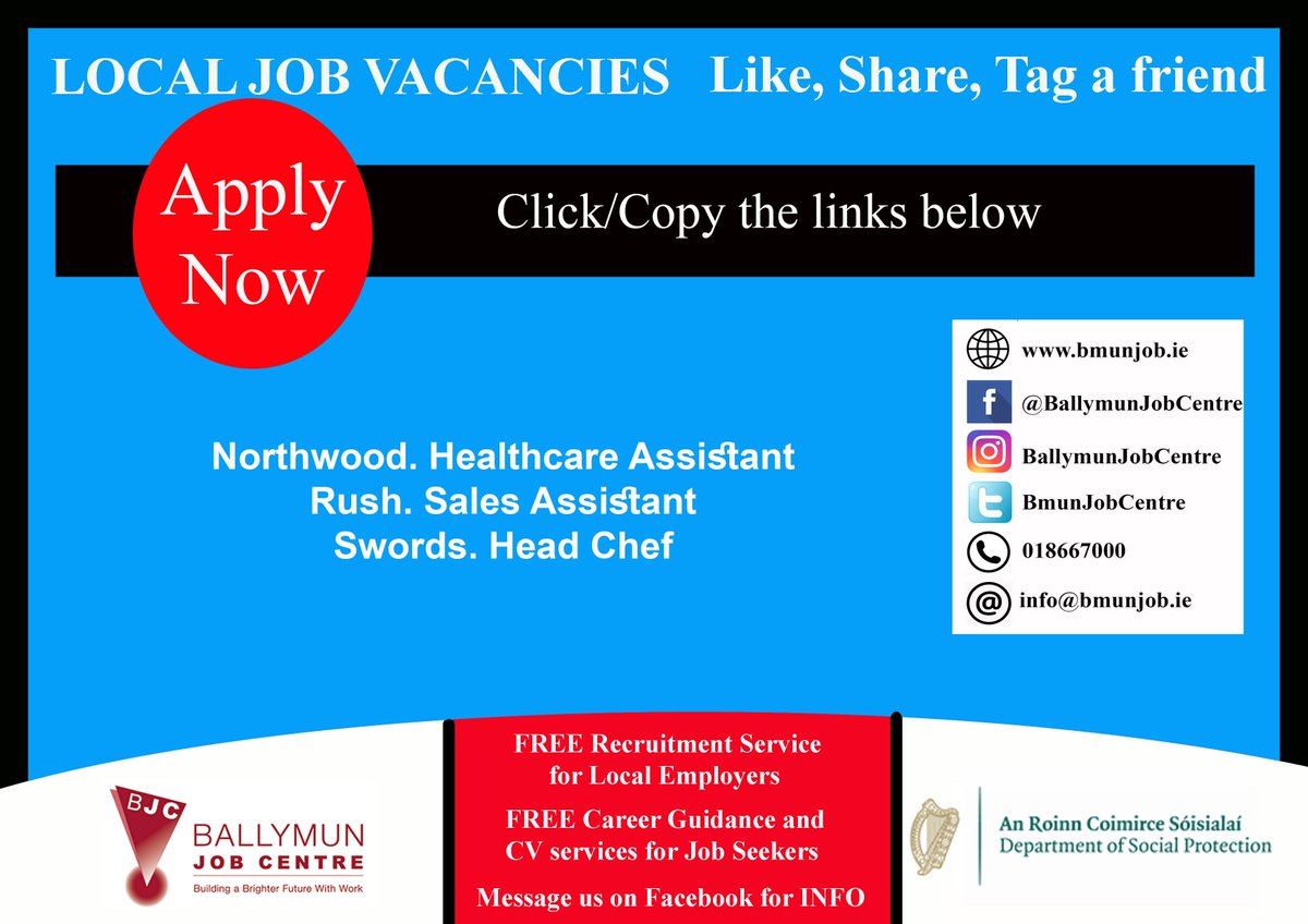 👉 Visit us at: Bmunjob.ie

Vacancies #bmunjob #jobfairy #dublinjobS
Northwood. Healthcare Assistant
jobsireland.ie/en-US/job-Deta… 
Rush. Sales Assistant
supervalu.ie/careers/vacanc…&
Swords. Head Chef
jobsireland.ie/en-US/job-Deta…