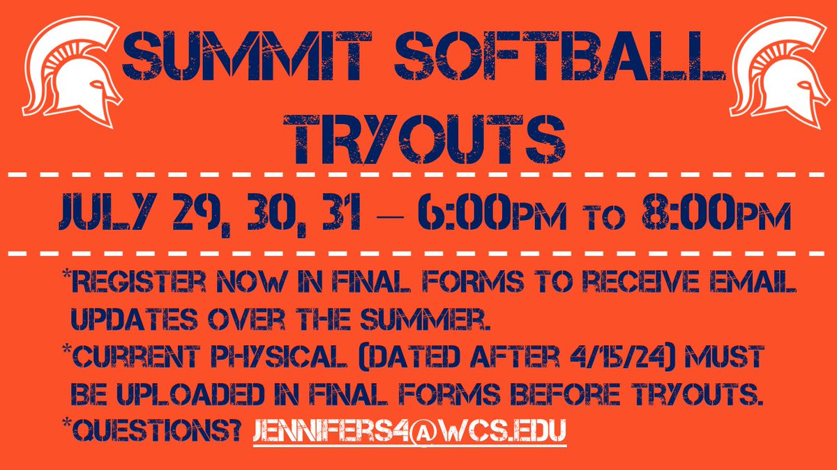 Softball tryouts will be at the end of July! Can't wait! <a href="/wcsSHSAthletics/">Summit Spartans Athletics (TN)</a>