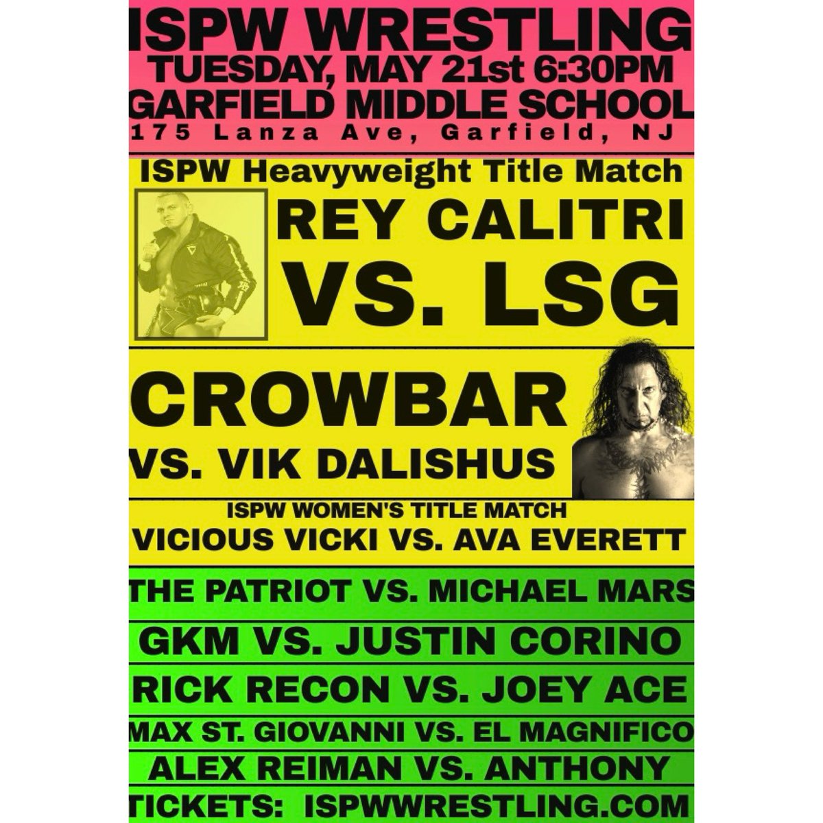 Join us tonight at Garfield Middle School in Garfield, NJ for a special Tuesday Night Event! Tickets are available now on ISPWWrestling.com or at the door. Doors open 5:30PM and First Match kicks off at 6:30PM! We will see you tonight in Garfield! 

<a href="/wcwcrowbar/">CROWBAR</a> in action!