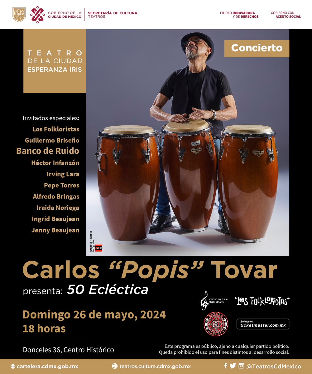 .<a href="/PopisTovar/">Carlos Popis Tovar</a> te invita a su concierto para celebrar 50 años de trayectoria este domingo en el #TeatroDeLaCiudad, en el que tendrá grandes invitados como <a href="/FolkloristasMx/">Los Folkloristas</a>, <a href="/hector_infanzon/">Héctor Infanzón</a>, Iraida Noriega, <a href="/IngridBeaujean/">Ingrid Beaujean</a>, entre otros. ¡Acompáñanos!
🎟️ bit.ly/3WuX6ak