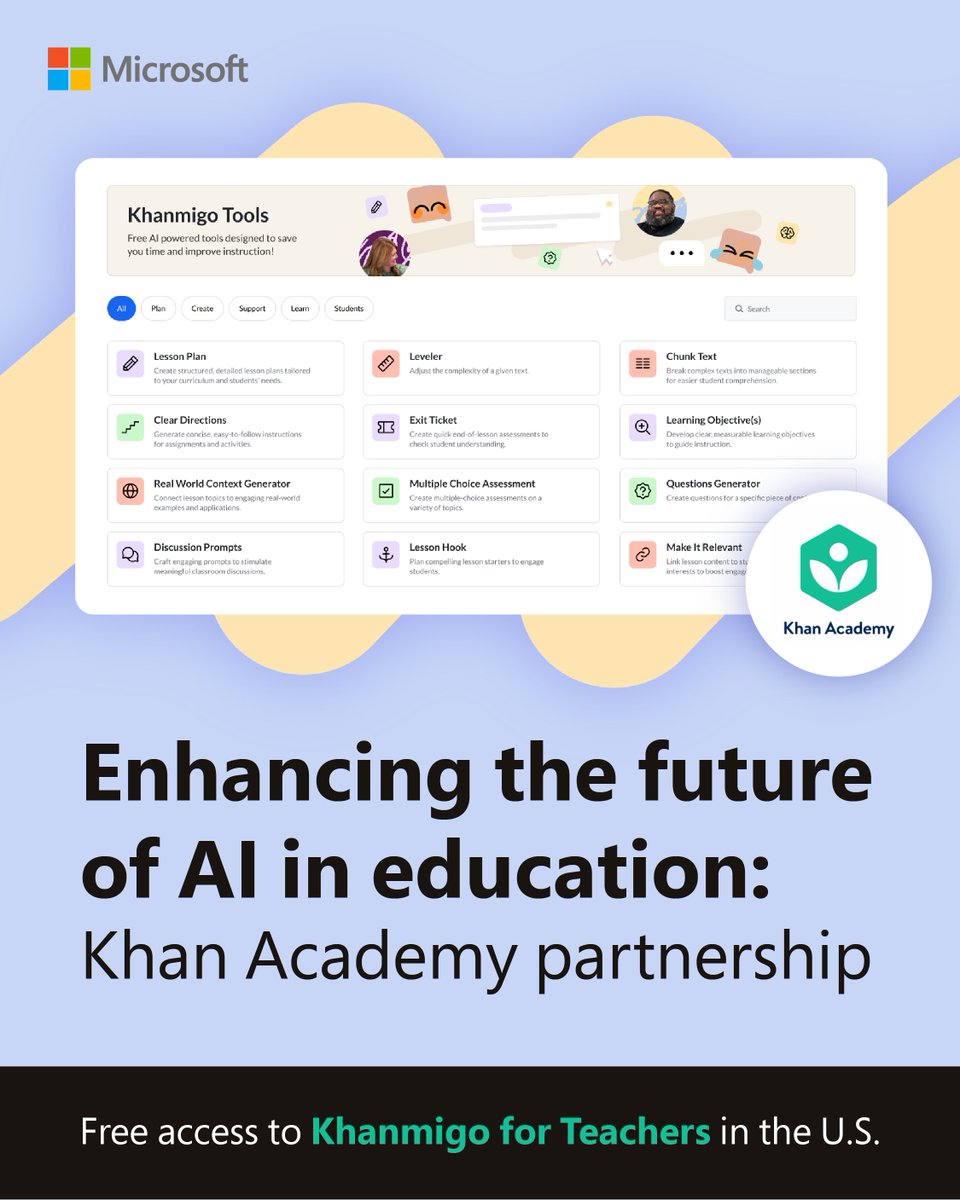 Did you hear the news? 🗞️ In partnership with @khanacademy, we're enhancing the future of education with #AI innovation and tools for teachers. See how you can streamline prep and save time in the classroom: msft.it/6015YwHlU #MicrosoftEDU