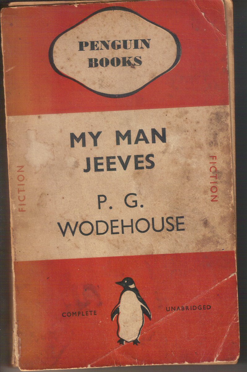 P G Wodehouse My Man Jeeves, first pubd 1919.
“The genesis of comic literature's most celebrated double-act.”
Maybe the oldest #penguin we have, 1937, with the ‘horizontal grid’ design. ‘Poor’ – the spine, back cover already gone to book heaven. @penguincollectors