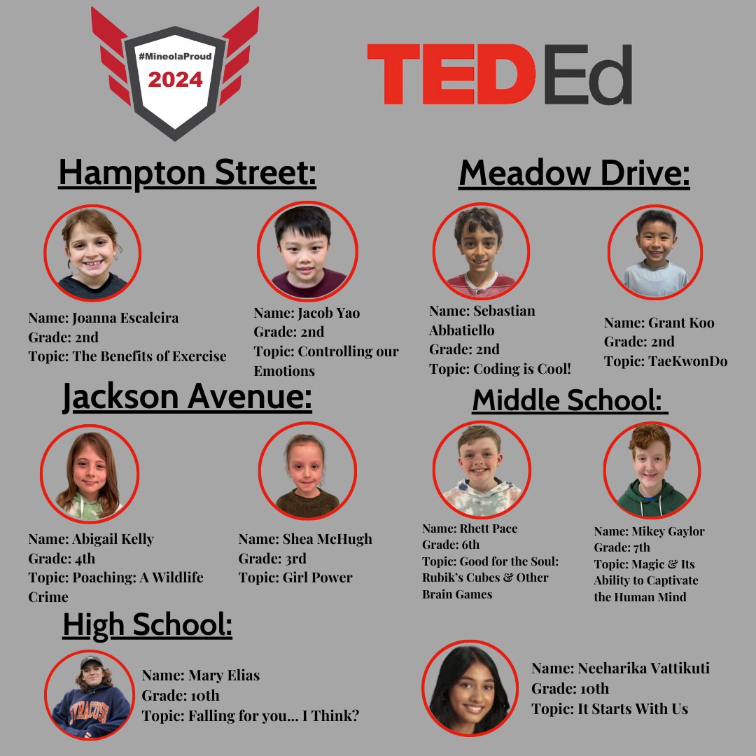 ‼️TONIGHT‼️

Don't forget tonight is our MineolaProud event from 5-8pm showcasing our learners including TedEd Talks from 7-8pm. Here are our TedEd speakers for tonight‼️🗣️ 

#MineolaProud #mineolaschools #MineolaUFSD #hamptonstreet #meadowdrive #jacksonave #mineolams #mineolahs