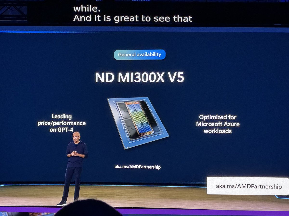 ryanshrout's tweet photo. Best price to performance on GPT-4? @satyanadella says it’s on @AMD and the MI300X. https://t.co/cffGMEoFh7