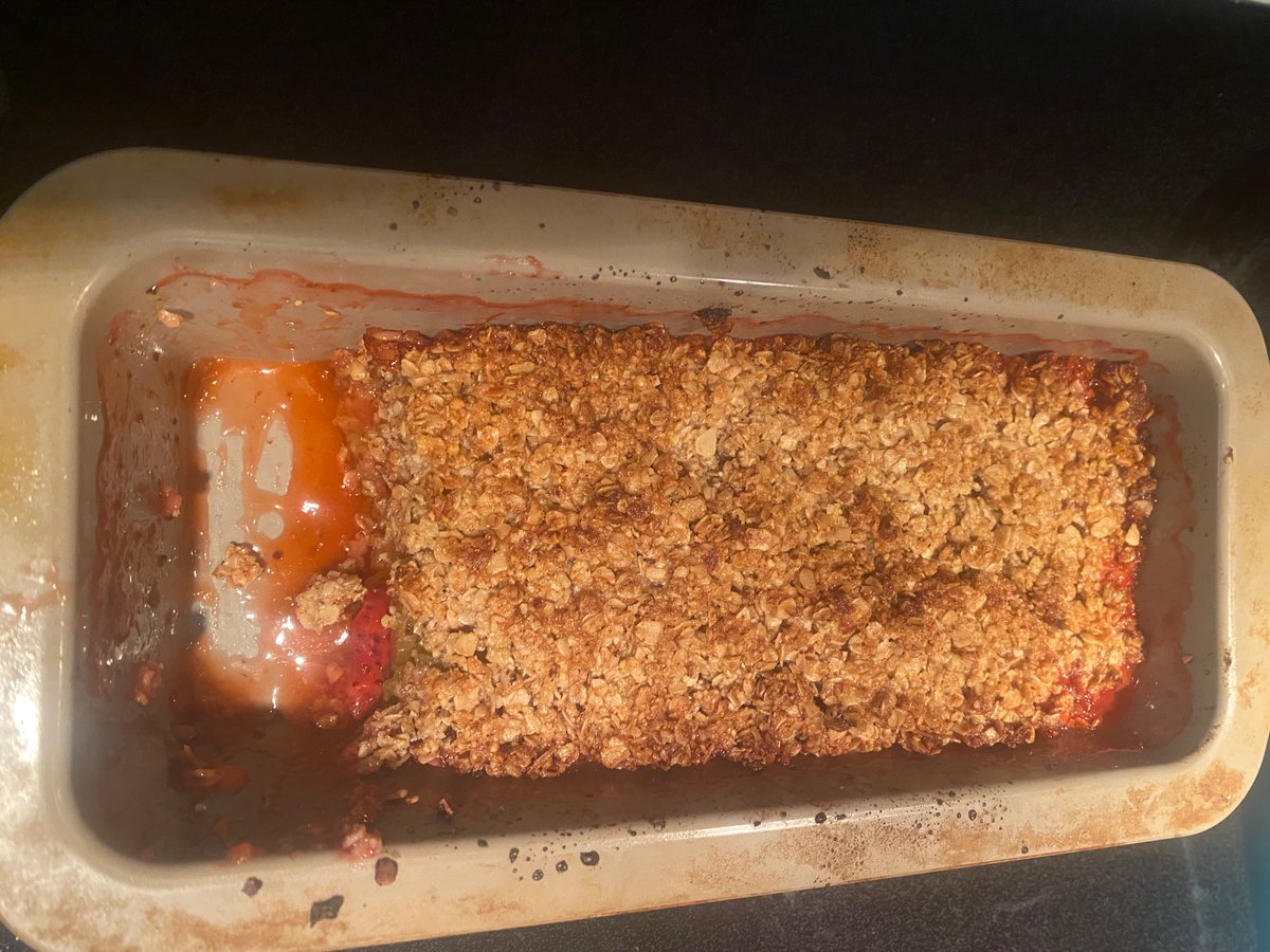 official start to garden season:  strawberry rhubarb crisp (also known as oatmeal with fruit at breakfast time).  The rhubarb is from the garden (6lbs so far)!  now if i can just figure out how to get my strawberries to be ready this early so they can come from the backyard too!
