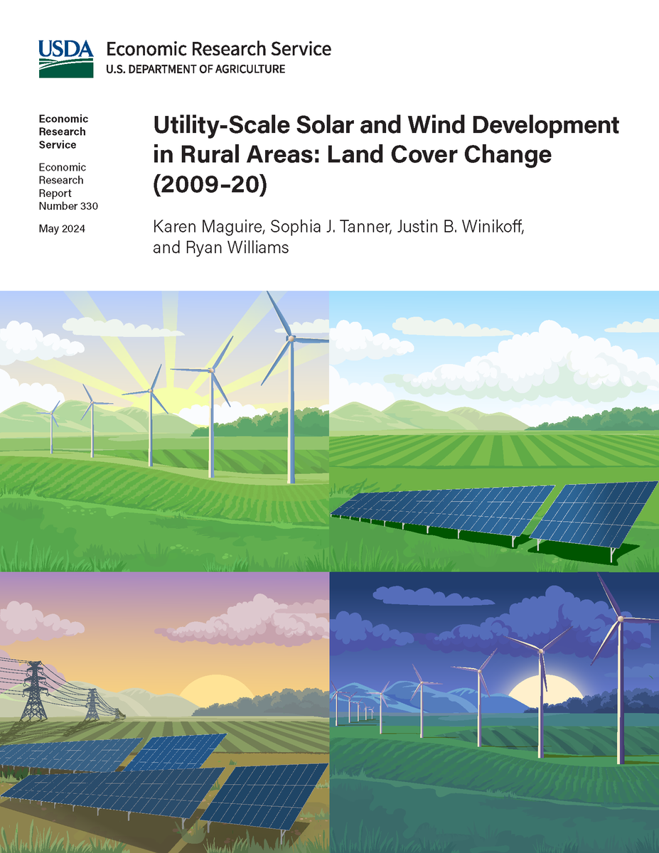 In rural areas, from 2009 to 2020, one third of solar farms and nearly half of wind turbines were installed on land that was in cropland. Learn more: ers.usda.gov/publications/p….