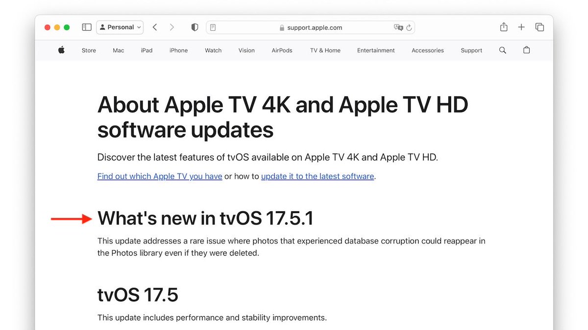 Apple、データベース破損により削除した写真が写真ライブラリに再表示されるバグを修正した「tvOS 17.5.1」をリリース。 applech2.com/archives/20240…
