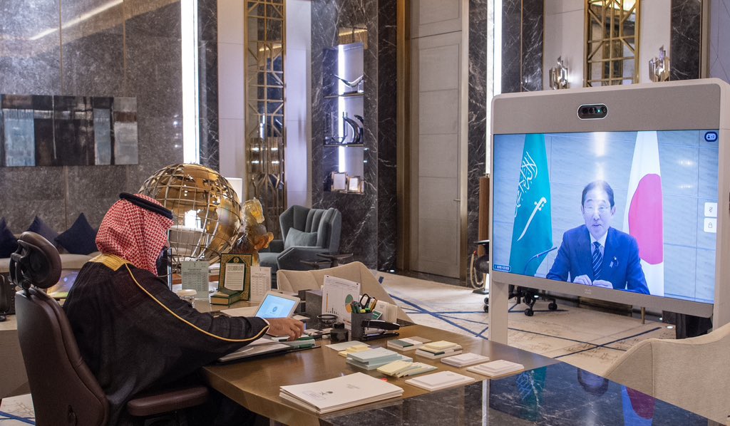 HRH the Crown Prince held a video teleconference meeting with the Prime Minister of Japan.