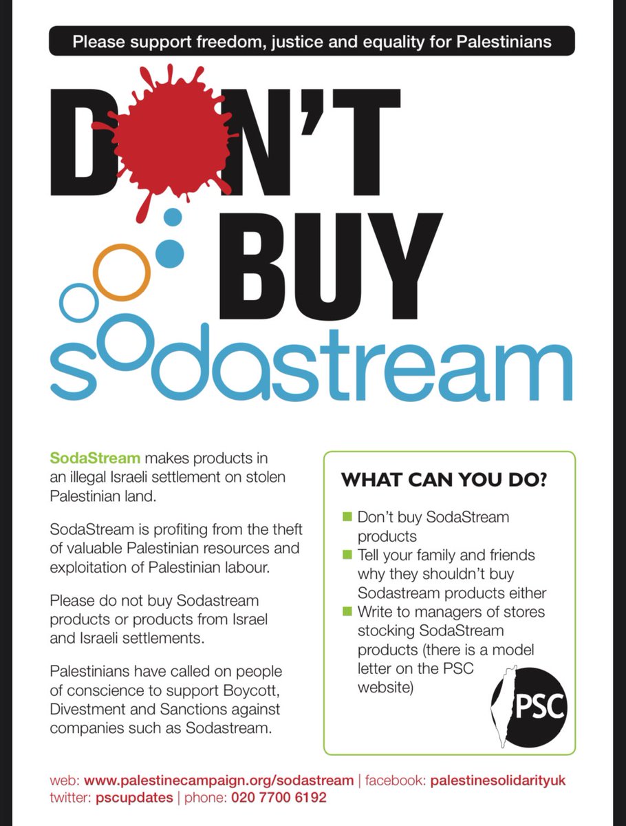 reminder! SodaStream is a Boycott target because of their factory in the illegally occupied West Bank of Palestine.