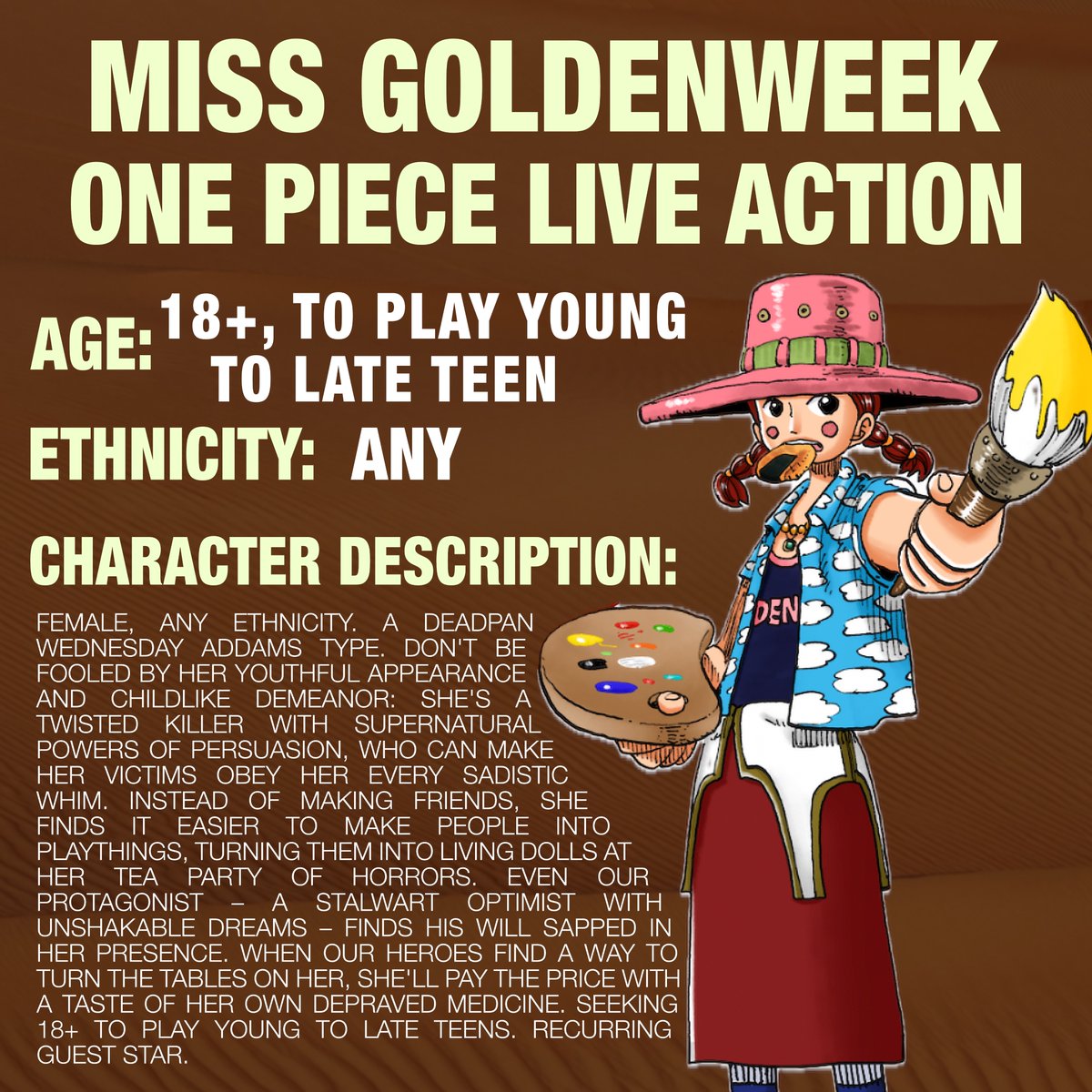 New Season 2 casting info for Miss Goldenweek in the live action One Piece. 

Character is Female, Any Ethnicity. 18+ to play Young to Late Teen. Recurring Guest Star.

Note: The casting call also mentions Season 2 being 8 episodes.