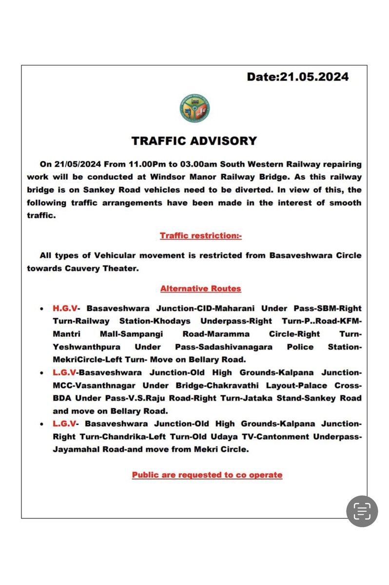 Do you have a late night flight to catch from Kempegowda International Airport (KIA) today?

Please avoid the stretch between Basaveshwara Circle and Cauvery Theatre junction as repair work will be taken up, caution Bengaluru Traffic Police 👇