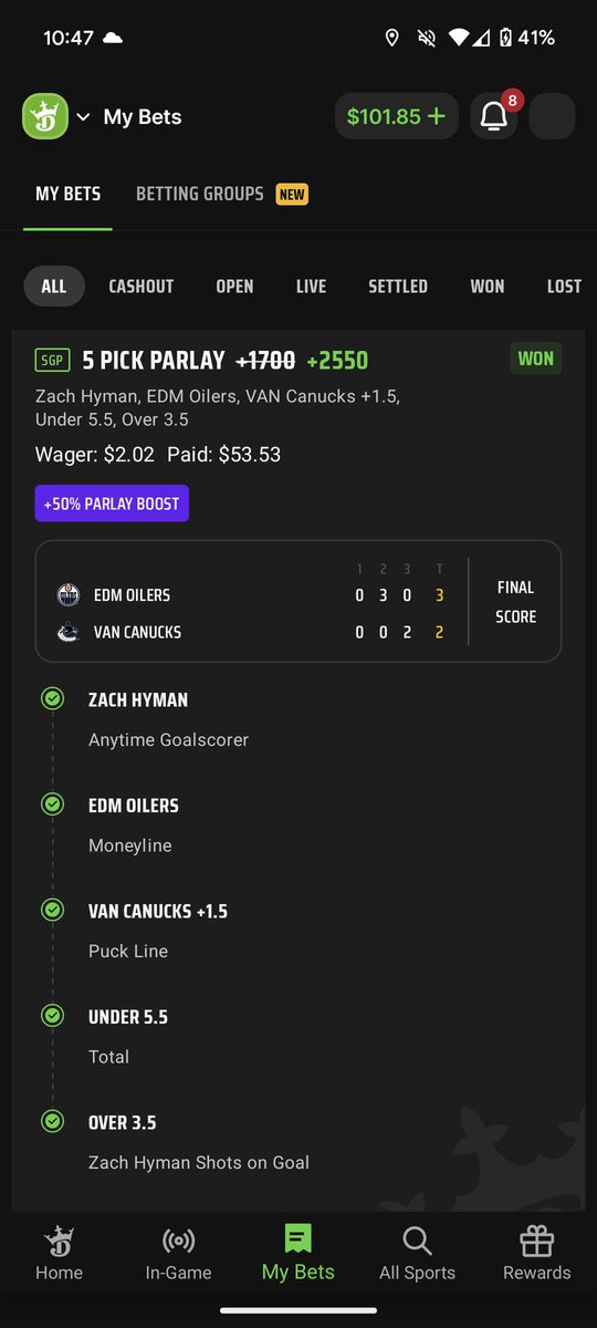 stluttrell's tweet photo. @danieledobish @BettingPros Came across your article on @BettingPros for the first time and decided to tail. Def won't be the last time! Thanks man! https://t.co/cKbpHMXbK3