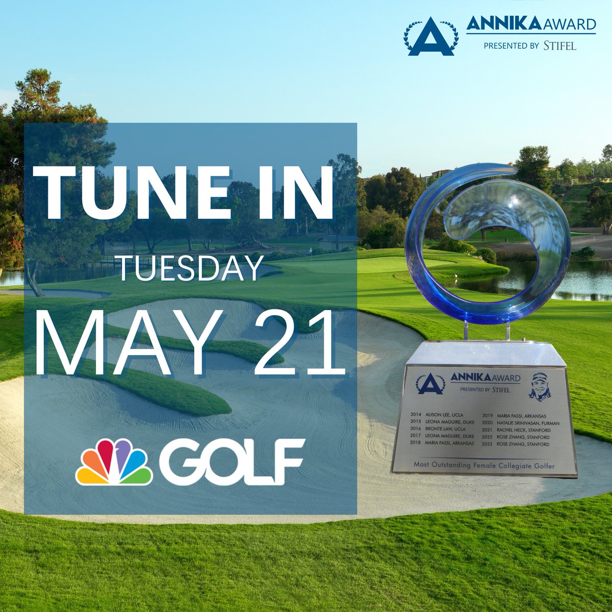 The wait is over! Tune it today to @GolfChannel to find out who will be this year's @TheAnnikaAward presented by @Stifel recipient. You won't want to miss it! 📺🏆