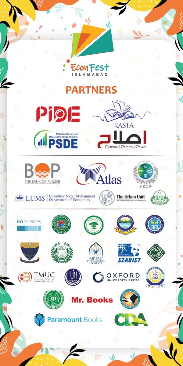 PIDEpk's tweet photo. 24 #EconFest2024 partners, all committed to building a thought community based on strong networking, knowledge exchange & sense of shared responsibility for the common good, join hands with @PIDEpk. We as the nation’s think tank give a warm welcome to our partners. We collectively hope to bring about change through consistently engaging in public dialogue & debate.
#EconFest #Islamabad
@thebankofpunjab @SECPakistan @UrbanUnitGop @LifeAtLUMS