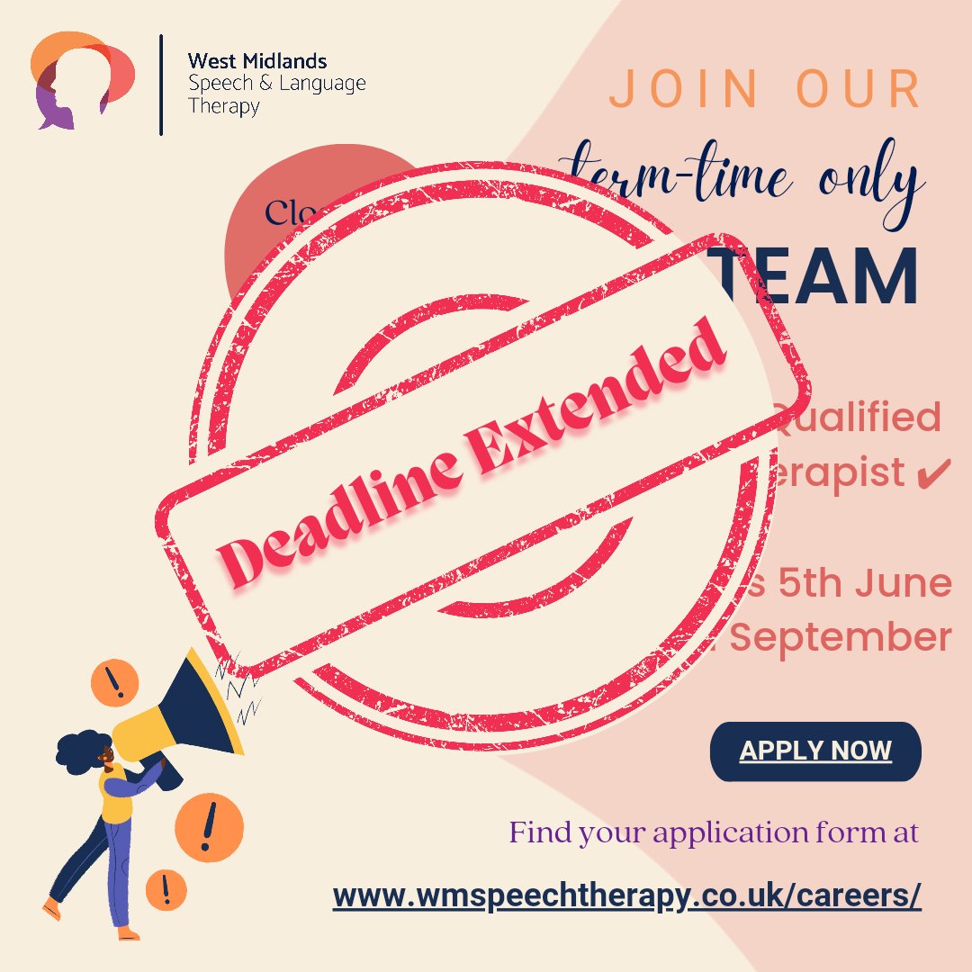 WMISLT2's tweet photo. 📣📣DEADLINE FOR APPLYING FOR NQP SLT ROLE EXTENDED📣📣

Looking to start your career as a Newly Qualified #SLT? 

➡️Apply by 7th June
🕐Interviews w/c 10th June 
🤩Start date 2nd September 

FULL INFO HERE: 
https://t.co/QUdz4OBsrq

#slcnjobs #sltjobs #slt2be #nqpslt https://t.co/GzEK56oGRe