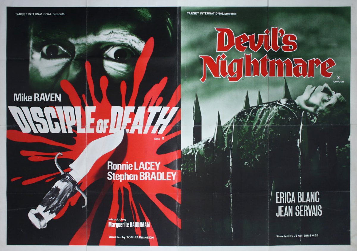 UK double-bill film poster for #DiscipleOfDeath (1972 - #TomParkinson #MikeRaven #RonaldLacey) & #TheDevilsNightmare (1971 - #JeanBrismée #ErikaBlanc #JeanServais)