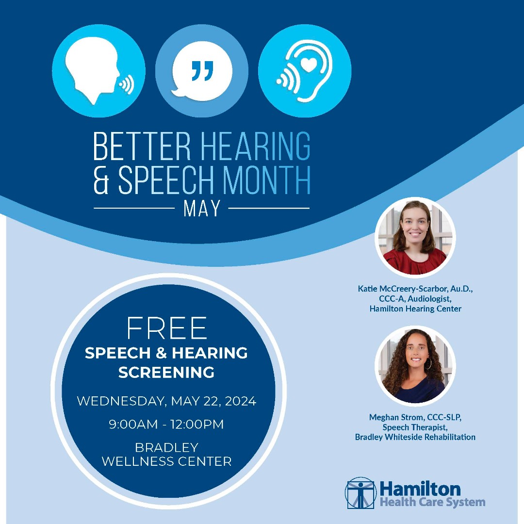 Join us tomorrow, Wednesday, May 22nd from 9am-12pm for our free hearing and speech event at Bradley Wellness Center. Our team of experts will be providing complimentary hearing and speech screenings to help improve your overall health and well-being.